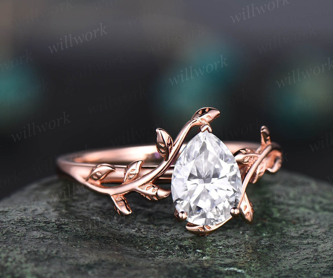 Vintage pear shaped moissanite engagement ring leaf flower solitaire unique rose gold engagement ring antique bridal wedding ring for women