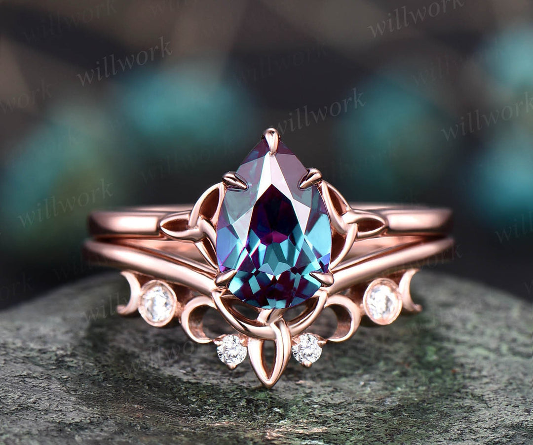 Unique pear shaped alexandrite engagement ring set rose gold silver Celtic Knot Norse Viking ring band vintage moissanite wedding ring set