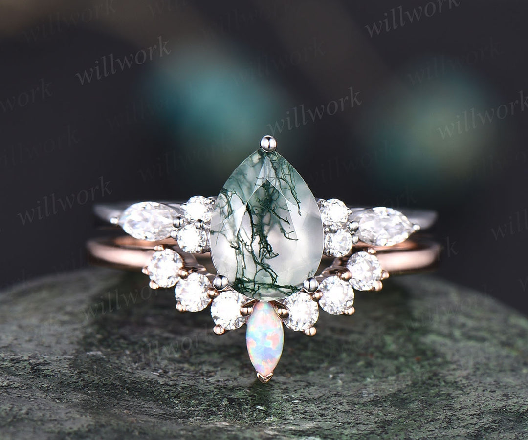 Unique pear shaped moss agate engagement ring set rose gold vintage art deco marquise moissanite opal ring for women anniversary ring set