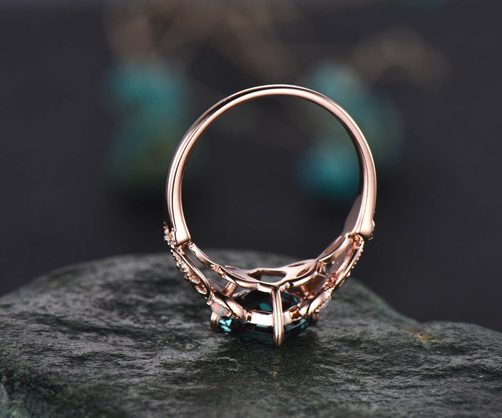 Cushion cut emerald engagement ring 14k rose gold butterfly flower unique vintage engagement ring opal diamond ring for women wedding ring