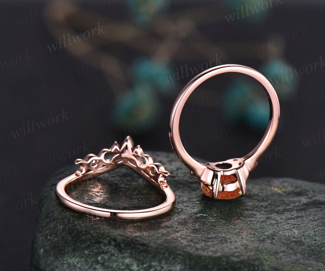 Round sunstone engagement ring set vintage unique solitaire rose gold engagement ring Norse Viking jewelry moissanite wedding ring for women