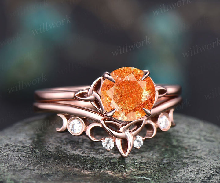 Round sunstone engagement ring set vintage unique solitaire rose gold engagement ring Norse Viking jewelry moissanite wedding ring for women