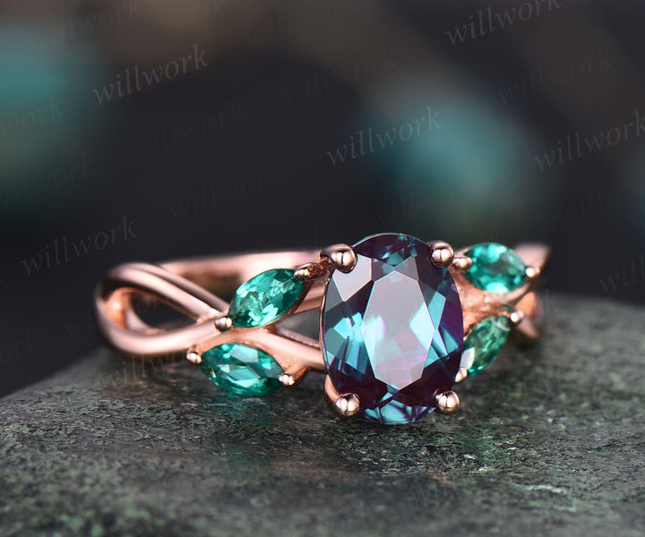 Unique oval cut Alexandrite engagement ring art deco cluster vintage emerald ring for women 18k rose gold silver infinity twisted ring band