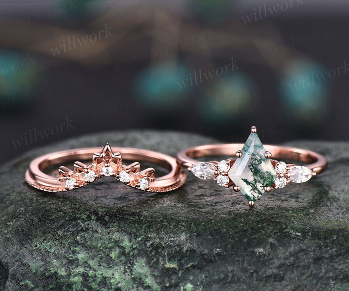 Vintage moss agate engagement ring set rose gold kite cut ring art deco moissanite ring for women unique engagement ring wedding ring set