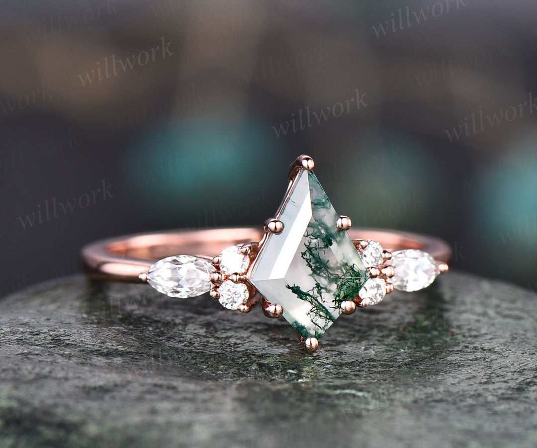 Vintage moss agate engagement ring set rose gold kite cut ring art deco moissanite ring for women unique engagement ring wedding ring set