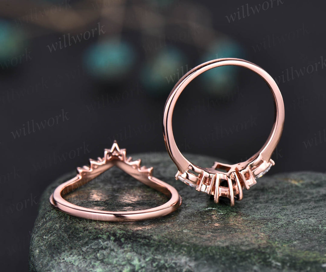 Vintage black rutilated quartz engagement ring 14k rose gold kite cut ring art deco moissanite ring for women unique bridal wedding ring set