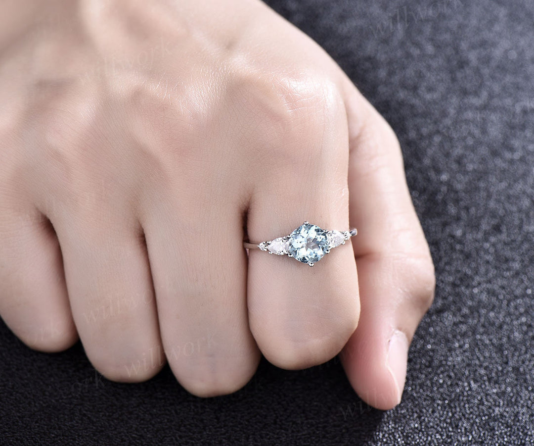 Unique aquamarine wedding ring set vintage aquamarine engagement ring set five stone pear moissanite promise ring set March birthstone ring