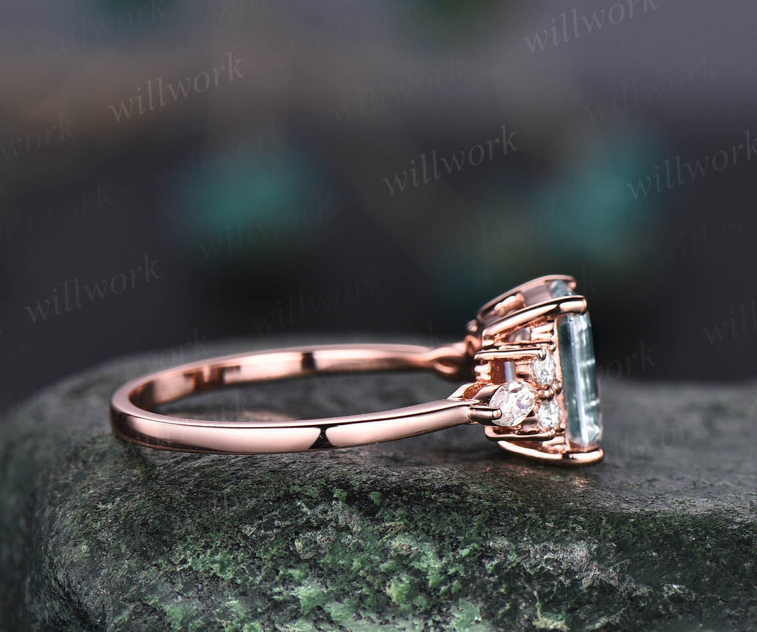 Vintage Emerald Cut Moss Agate Ring Rose Gold Natural Inspired
