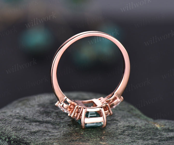 Emerald cut moss agate engagement ring 14k rose gold art deco unique vintage green moss agate ring silver 7 stone moissanite ring for women