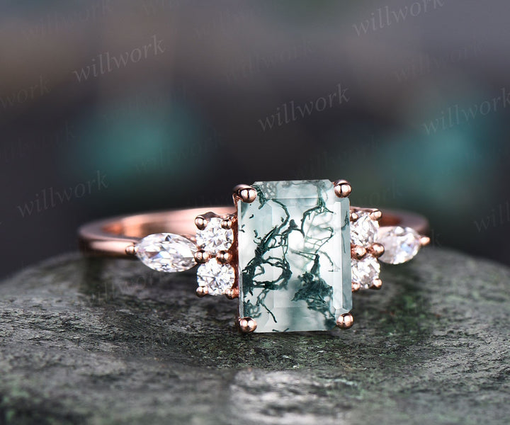 Emerald cut moss agate engagement ring 14k rose gold art deco unique vintage green moss agate ring silver 7 stone moissanite ring for women