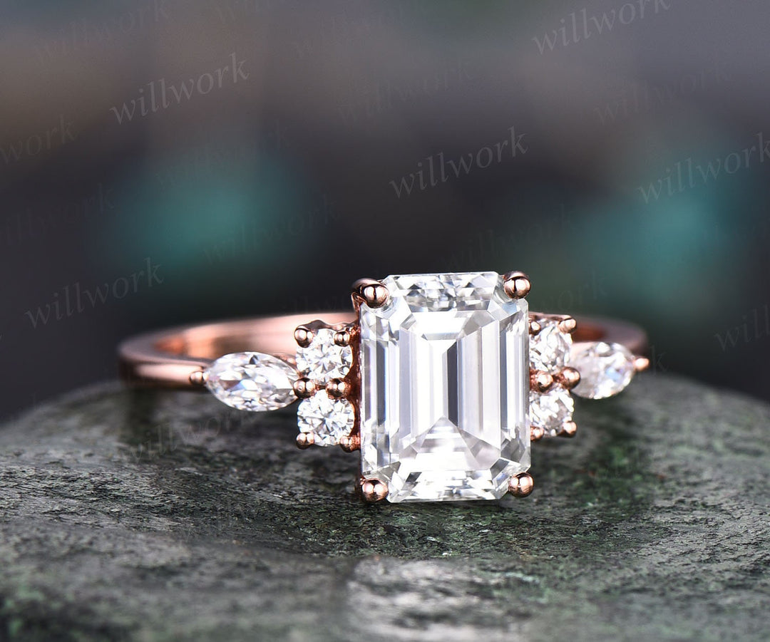 Vintage unique emerald cut moissanite engagement ring 14k rose gold art deco 7 stone marquise cut moissanite promise wedding ring for women
