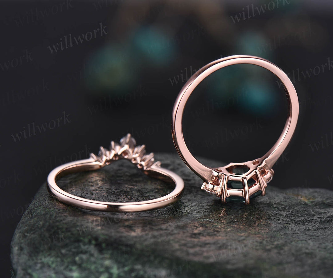Vintage hexagon green moss agate engagement ring set rose gold three stone moissanite ring minimalist unique bridal wedding ring set women