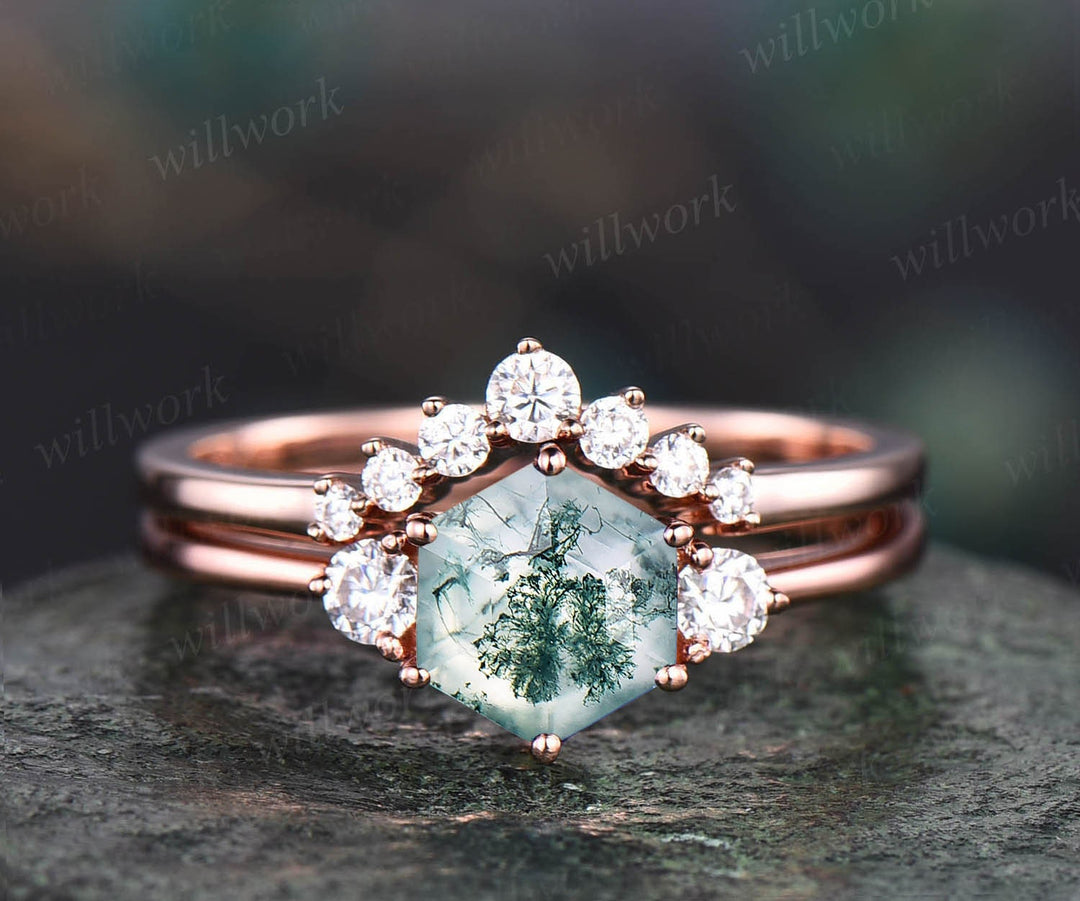 Vintage hexagon green moss agate engagement ring set rose gold three stone moissanite ring minimalist unique bridal wedding ring set women