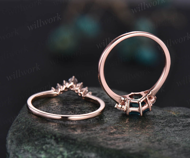Vintage hexagon cut Alexandrite engagement ring set rose gold three stone moissanite ring minimalist unique bridal wedding ring set women