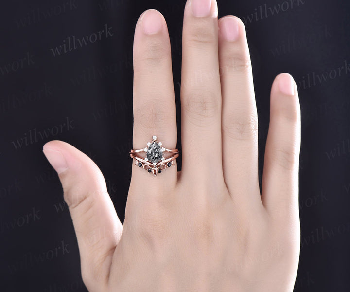 Vintage pear shaped black rutilated quartz engagement ring set rose gold Milgrain moissanite ring black diamond ring for women bridal set