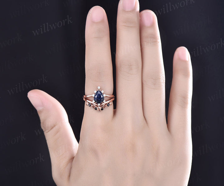 Vintage pear shaped blue sandstone engagement ring set rose gold cluster moissanite ring black diamond ring unique wedding ring set women