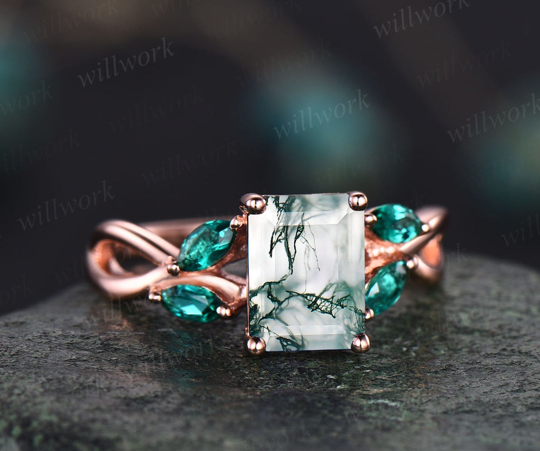 Emerald cut moss agate engagement ring five stone unique vintage marquise emerald rose gold engagement ring twisted wedding ring for women