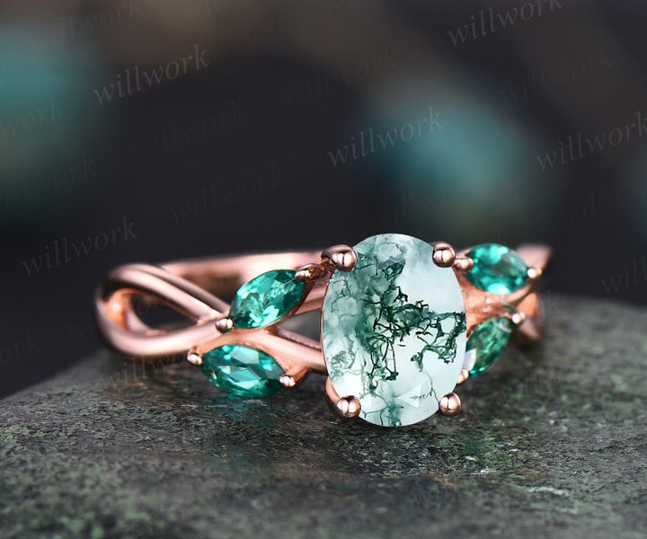 Oval moss agate engagement ring rose gold vintage unqiue engagement ring dainty marquise cut emerald twisted ring anniversary promise ring