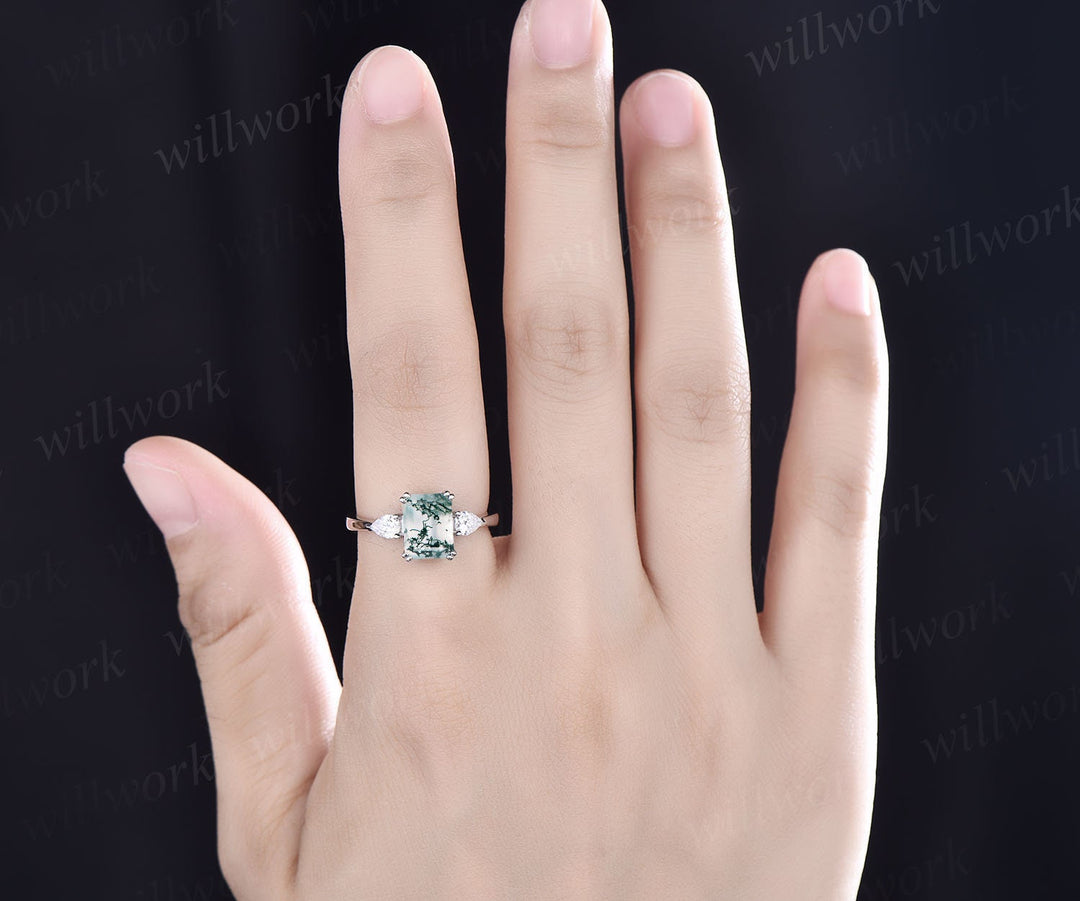 Vintage emerald cut moss agate engagement ring white gold three stone ring pear shaped moissanite ring unique bridal wedding ring for women