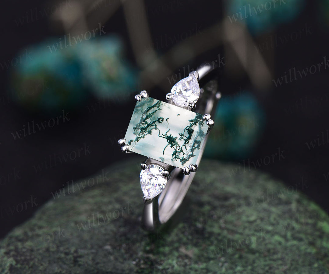 Vintage Pear Natural Moss Agate Engagement Ring White Gold 