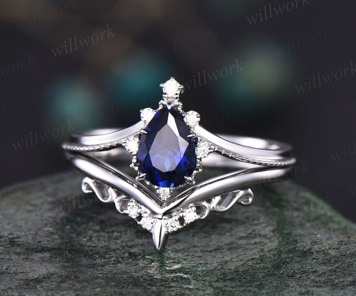 Pear shaped sapphire engagement ring set white gold cluster moissanite unique vintage style engagement ring bridal wedding ring set jewelry
