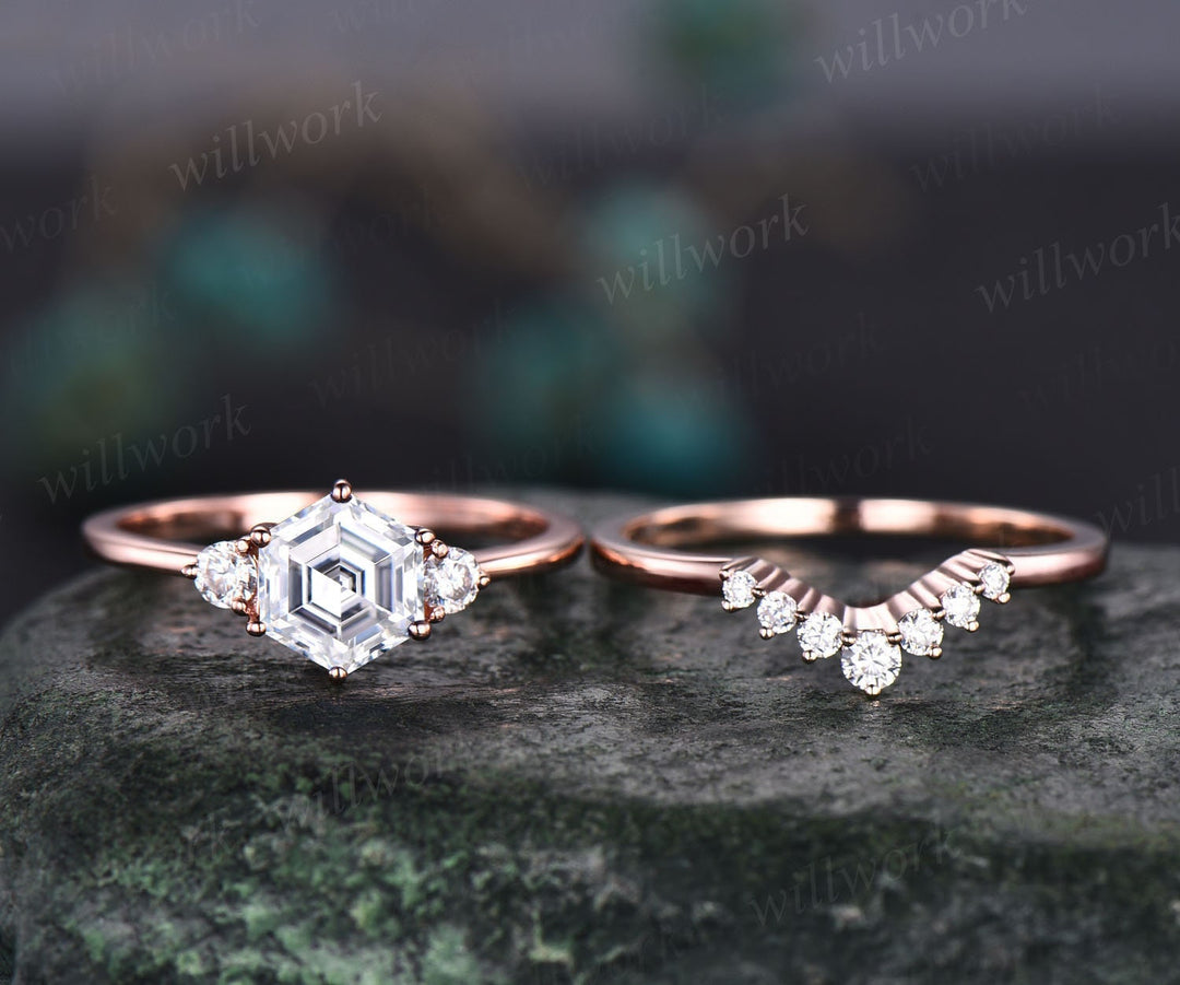 Hexagon moissanite engagement ring set rose gold Minimalist unique vintage three stone engagement ring for women promise wedding ring set