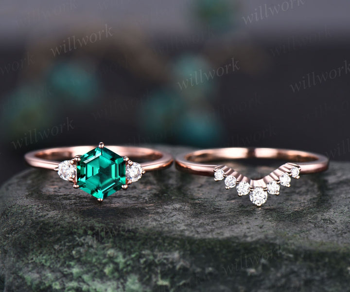 Hexagon emerald engagement ring set rose gold Minimalist unique vintage three stone moissanite engagement ring wedding ring set for women