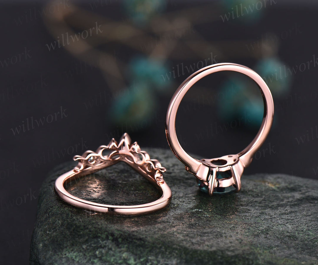 Round emerald engagement ring set vintage unique solitaire 14k rose gold engagement ring Norse Viking ring moissanite wedding ring for women