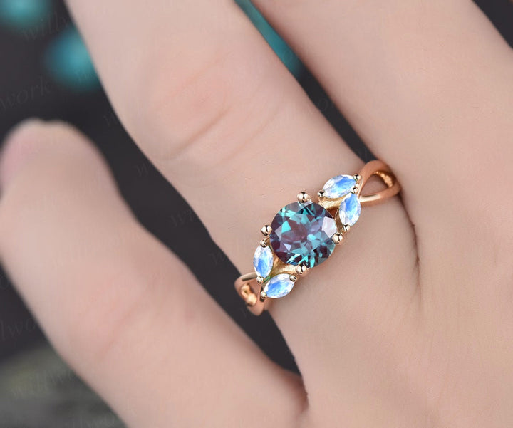 Round Alexandrite engagement ring rose gold five stone vintage unique marqusie moonstone engagement ring for women anniversary wedding ring