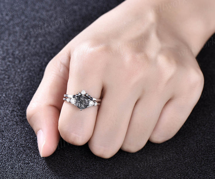 Vintage black rutilated quartz engagement ring set five stone rose gold ring women black diamond ring set stacking ring set promise ring