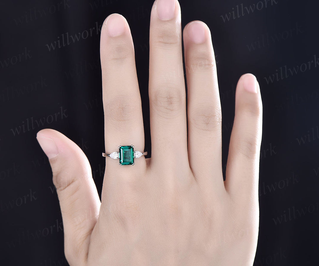 Vintage emerald cut emerald engagement ring 14k white gold three stone pear moissanite ring minimalist 8 prong bridal wedding ring for women