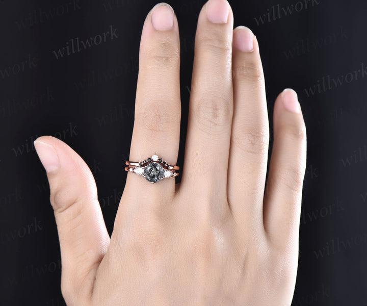 Round cut black rutilated quartz engagement ring set 14k rose gold five stone moissanite ring black diamond ring for women wedding ring set