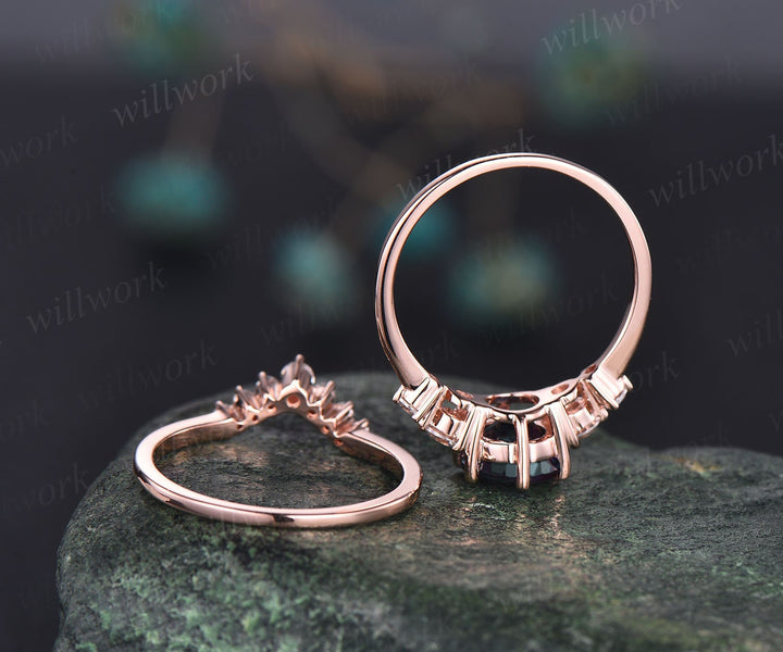Unique moss agate bridal ring set vintage green moss agate engagement ring set rose gold five stone minimalist moissanite ring set for women