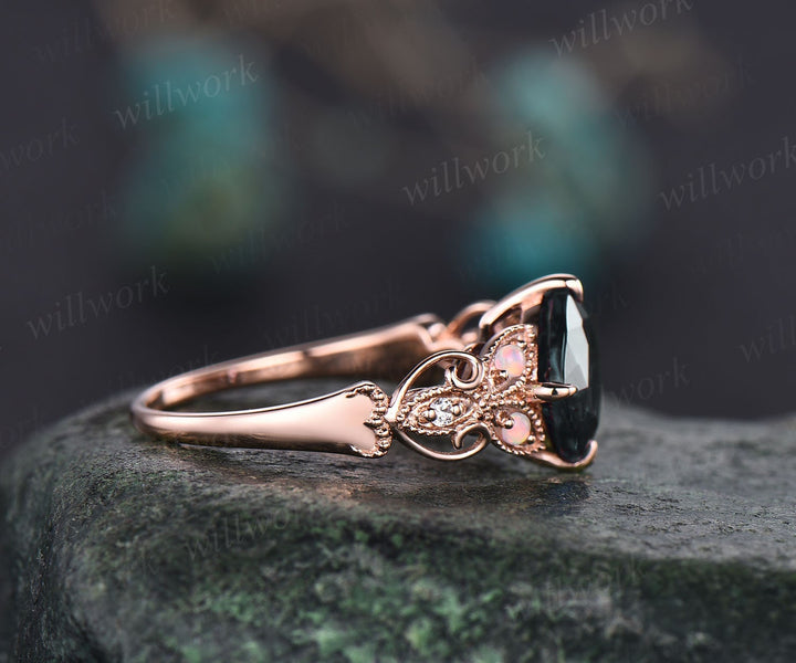 Cushion cut moss agate engagement ring rose gold butterfly flower unique vintage engagement ring opal diamond ring for women wedding ring