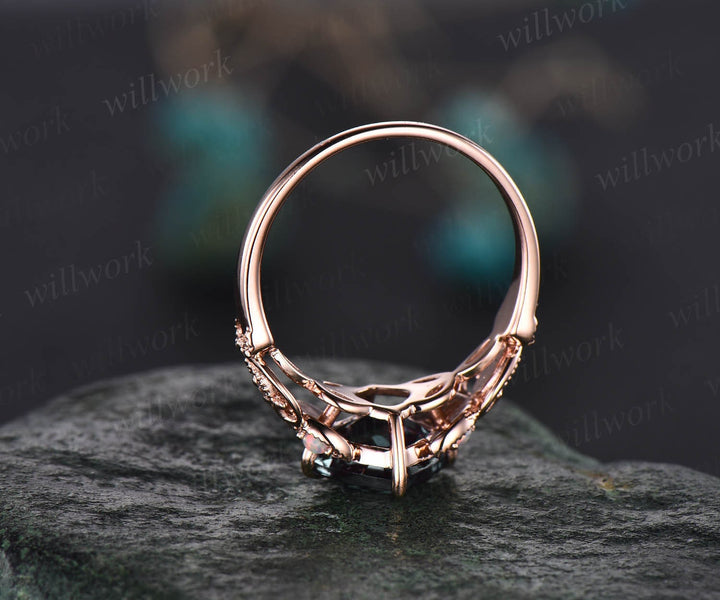 Cushion cut moss agate engagement ring rose gold butterfly flower unique vintage engagement ring opal diamond ring for women wedding ring