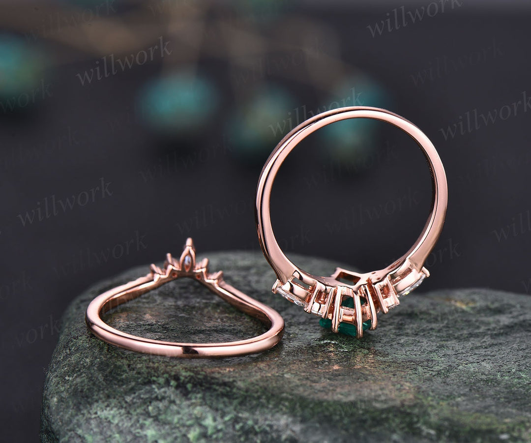 Unique vintage kite cut green emerald engagement ring set 18k rose gold six prong marquise cut moissanite promise wedding ring set for women