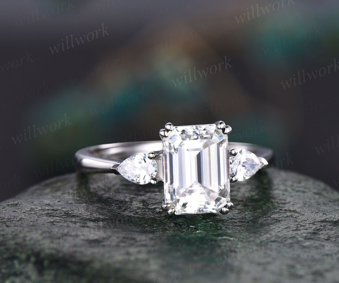 Emerald cut moissanite engagement ring 14k white gold three stone vintage unique pear shaped moissanite engagement ring minimalist for women