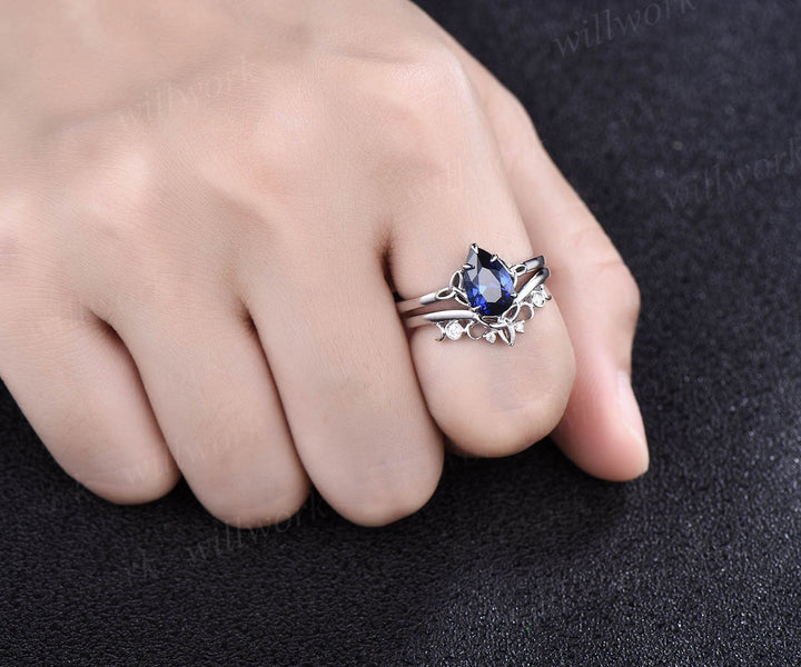 Pear shaped sapphire engagement ring set white gold solitaire unique vintage engagement ring moissanite ring women norse viking ring jewelry