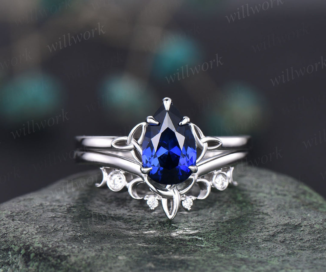 Pear shaped sapphire engagement ring set white gold solitaire unique vintage engagement ring moissanite ring women norse viking ring jewelry