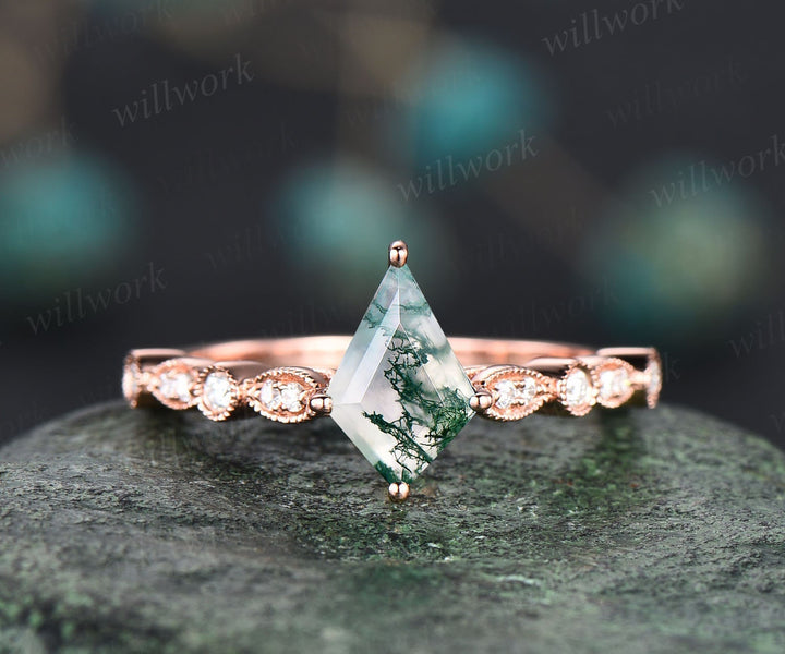 Vintage green moss agate engagement ring 14k rose gold kite cut ring art deco milgrain diamond ring unique bridal wedding ring for women