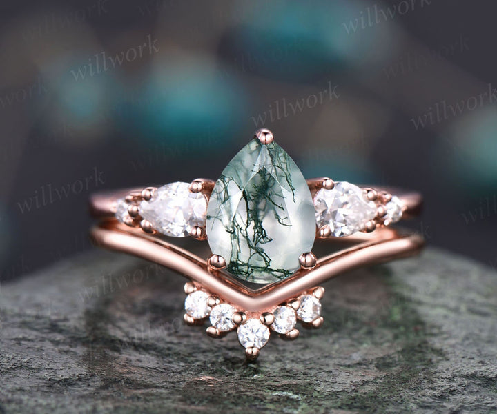 Unique engagement ring set Pear shaped moss agate engagement ring set vintage rose gold ring set 7 stone ring moissanite wedding ring set