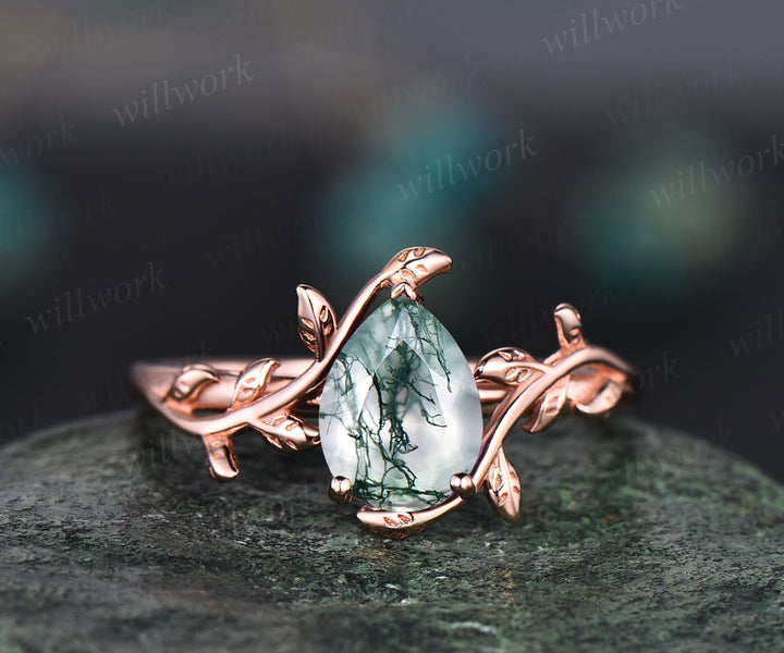 Vintage pear shaped moss agate engagement ring leaf flower art deco unique rose gold engagement ring dainty solitaire promise wedding ring