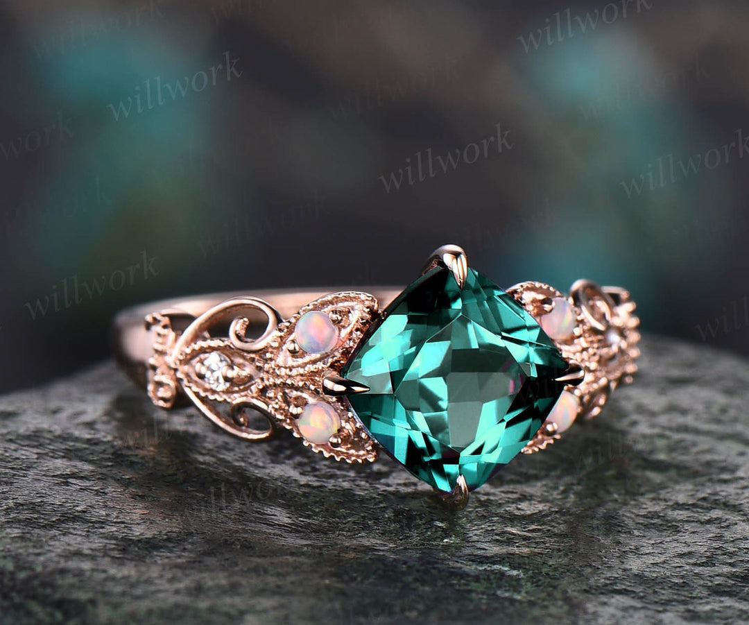 Cushion cut emerald engagement ring 14k rose gold butterfly flower unique vintage engagement ring opal diamond ring for women wedding ring