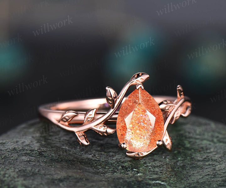 Vintage pear shaped sunstone engagement ring leaf flower art deco unique solitaire rose gold engagement ring anniversary wedding ring women