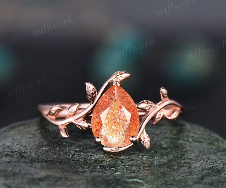 Vintage pear shaped sunstone engagement ring leaf flower art deco unique solitaire rose gold engagement ring anniversary wedding ring women