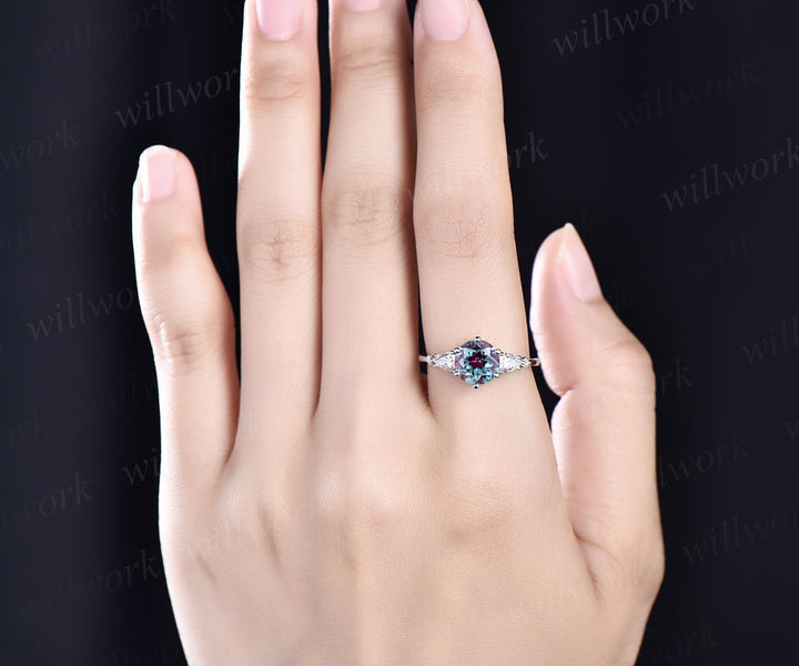 Vintage Alexandrite engagement ring set rose gold minimalist five stone moissanite ring unique promise bridal wedding ring set for women