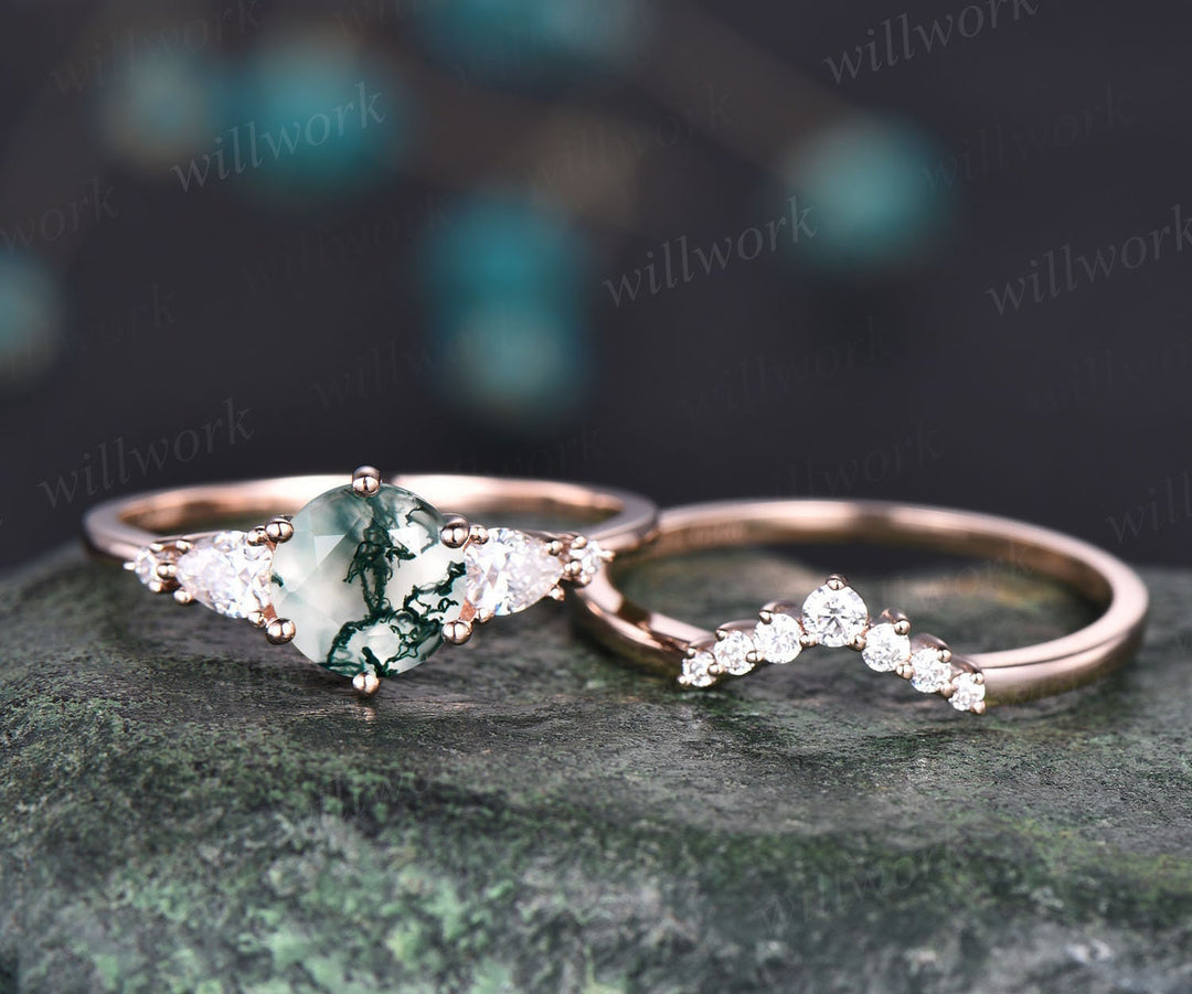Unique moss agate wedding ring set vintage moss agate engagement ring –  WILLWORK JEWELRY