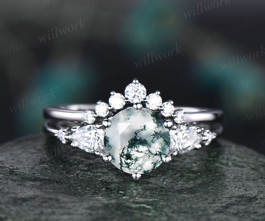 Unique moss agate wedding ring set vintage moss agate engagement ring set five stone rose gold ring set moissanite bridal ring set women