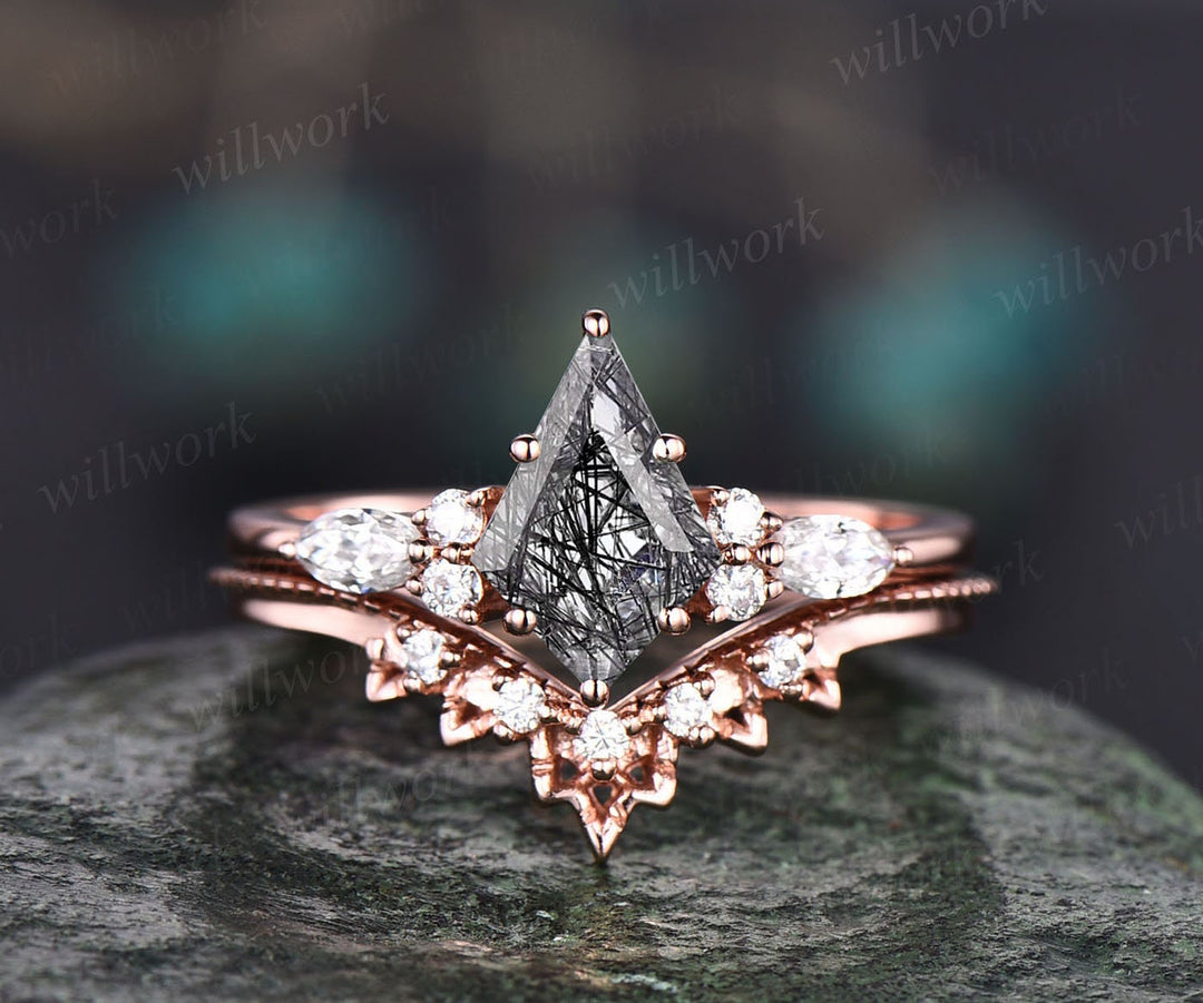 Vintage black rutilated quartz engagement ring 14k rose gold kite cut ring art deco moissanite ring for women unique bridal wedding ring set