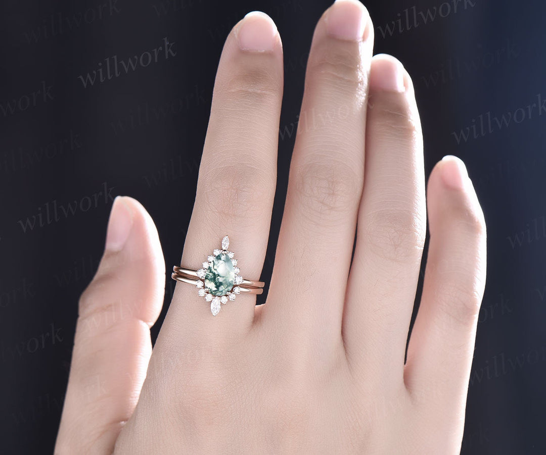 Unique wedding ring set vintage Pear shaped green moss agate engagement ring set rose gold art deco ring halo marquise cut moissanite ring